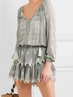 LoveShack Fancy 100% silk dusty gray , delicate embroidered tiered ruffle,size S